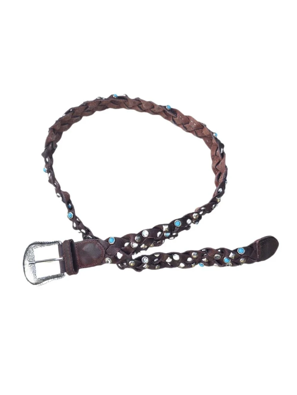 Western Festival Braided Brown Leather Belt  Studded Faux Turquoise Crystal LG
